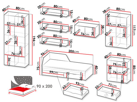 zestaw mebli młodzieżowych Menoze I - wymiary' title=